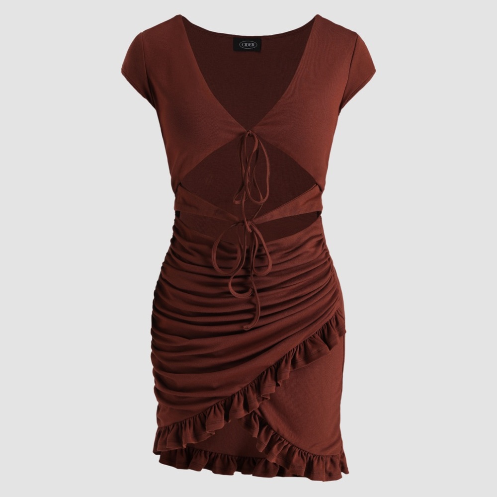 Cider Chocolate Brown Ruched Mini Dress - Picture 3 of 4